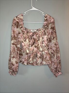 Francesca's Collections Pink and Brown Floral Smocked Peplum Top